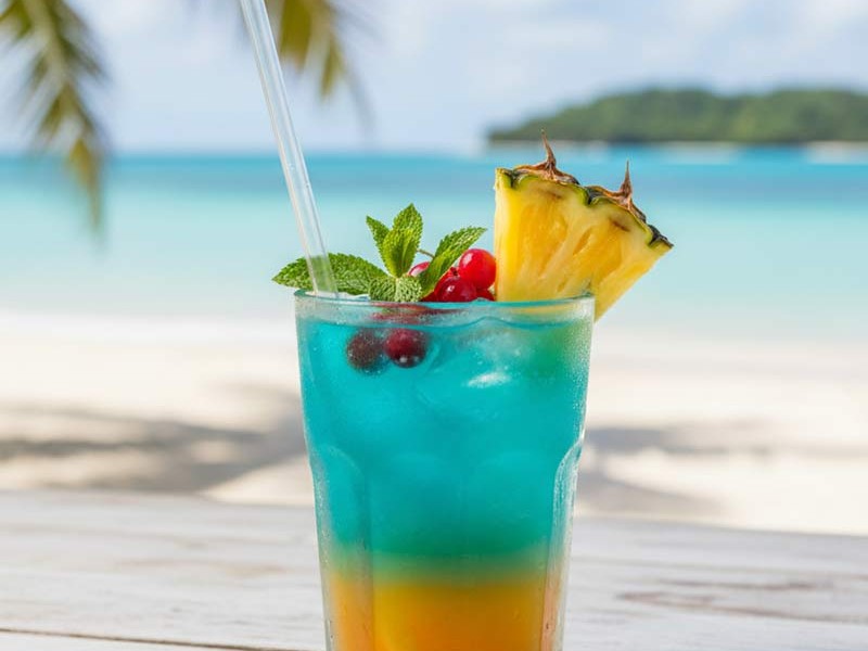 A clear BioSip cellulose acetate straw in a layered cocktail on a beach table