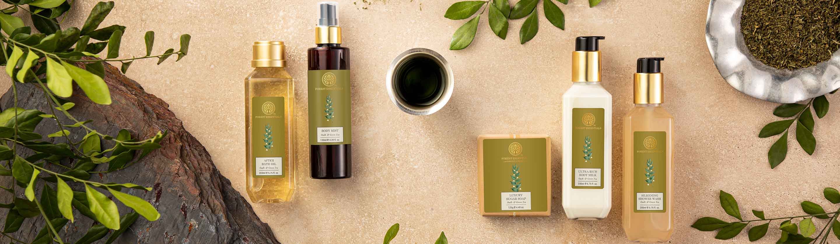 Forest Essentials Oudh & Green Tea range — after bath oil, body mist, sugar soap, body milk and shower wash