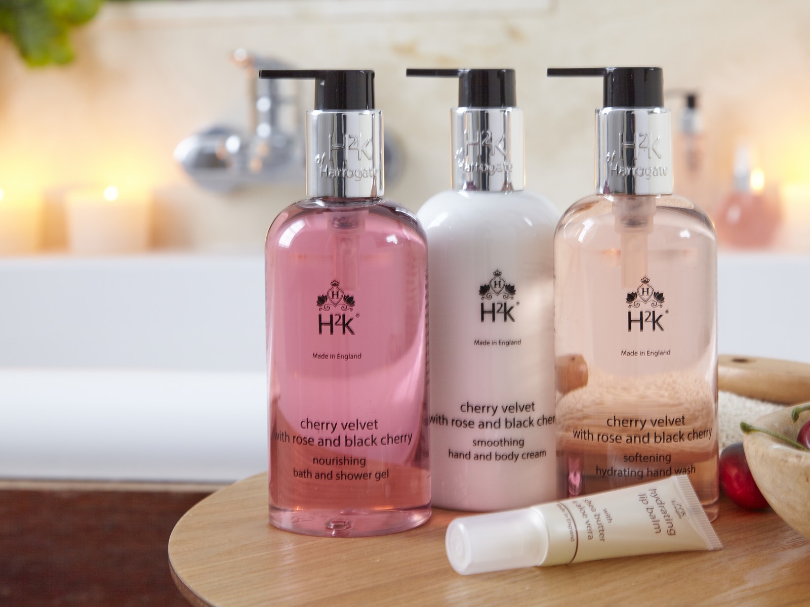 H2K Cherry Velvet bath and shower gel, hand and body cream and hand wash with the hydrating lip balm