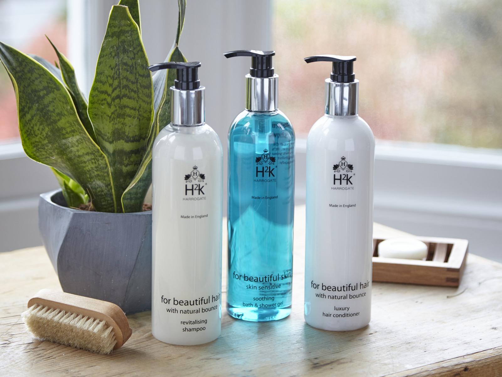 H2K Botanicals revitalising shampoo, skin sensitive bath and shower gel and hair conditioner, made in England