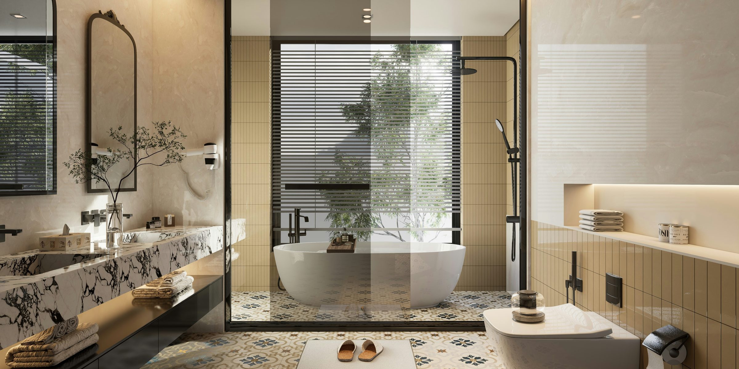 A luxury hotel bathroom with freestanding bath, patterned floor tiles and marble vanity