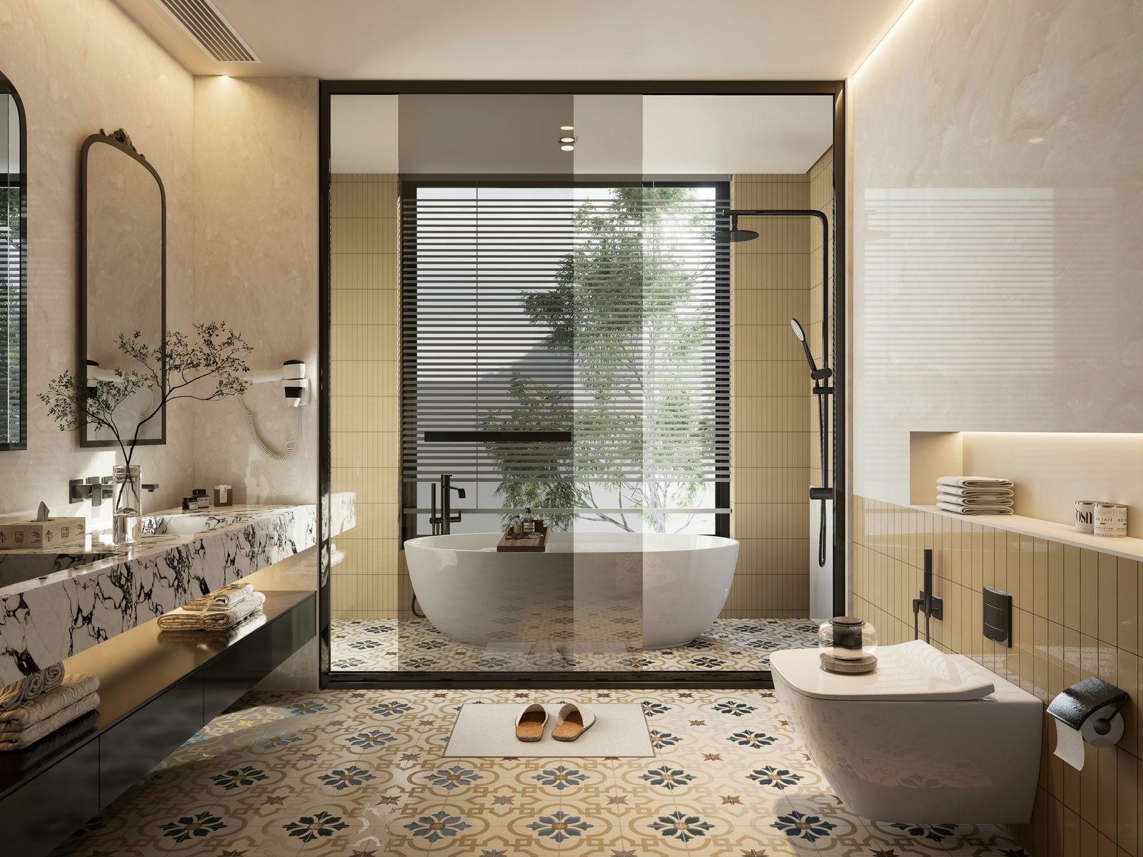 Hotel bathroom with patterned floor tiles, a freestanding bath and a walk-in shower