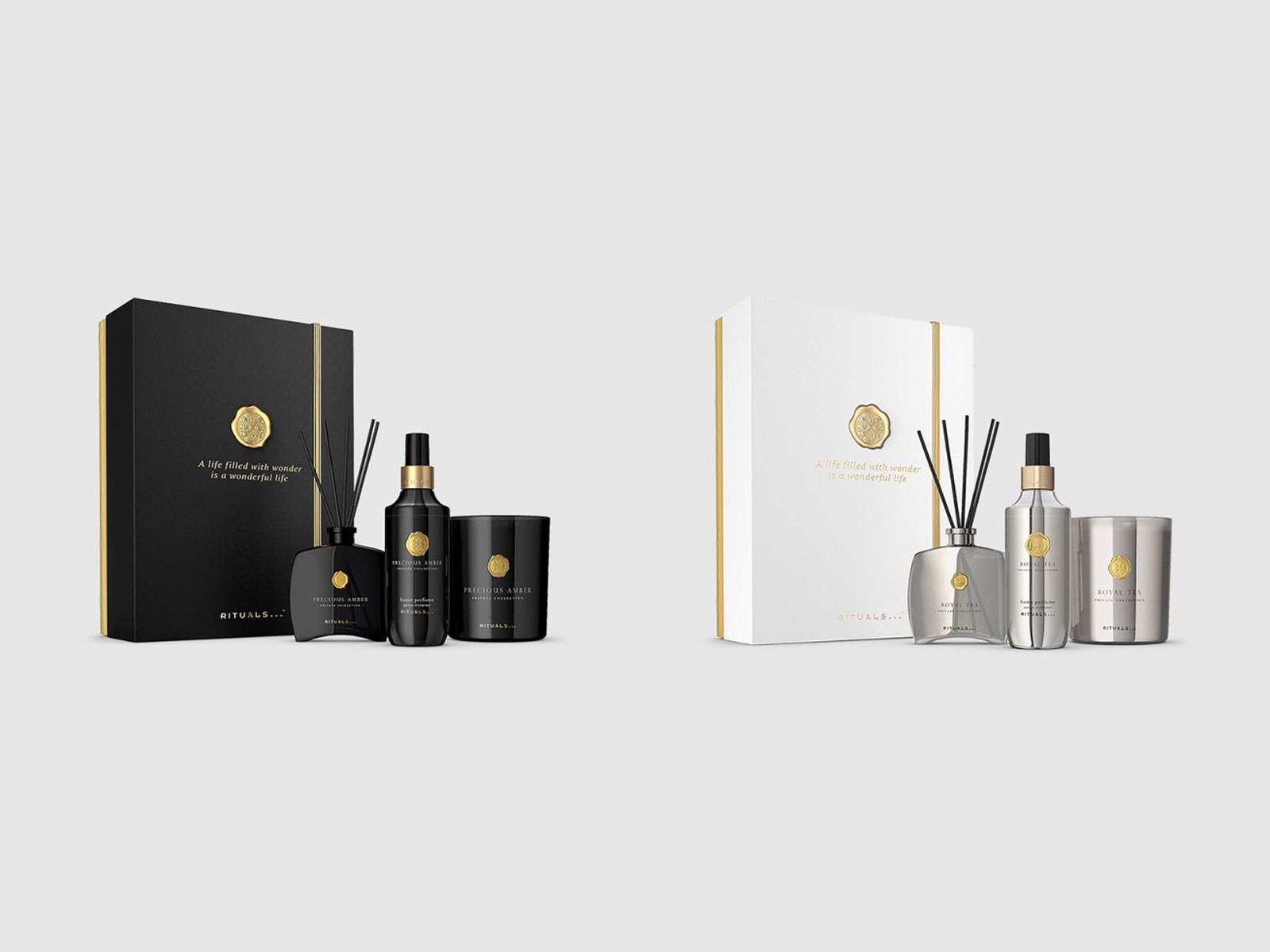 Two Rituals Private Collection gift sets, one black and gold and one white and silver, each with a diffuser, home perfume and candle